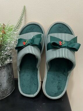 isotoner Green Striped Bow Slide Slippers with Cherry Accent
